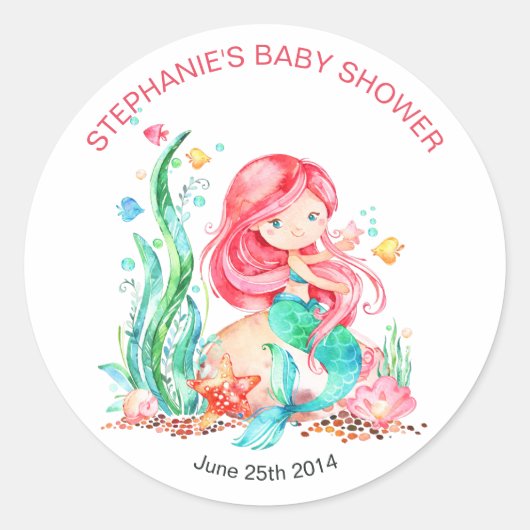 Sticker Rond Mignonne sirène d'aquarelle sous le Baby shower ma (Devant)