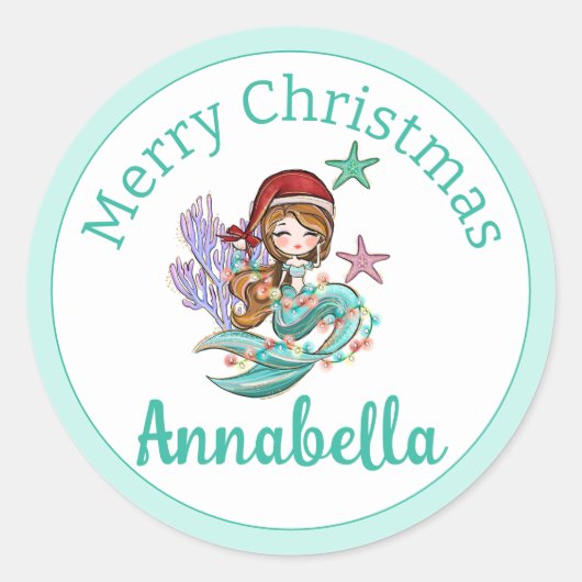 Sticker Rond Mignonne Sirène de Noël à Santa Hat en Turquoise (Devant)