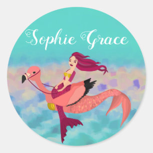 Sticker Rond Mignonne sirène mauve personnalisée & Mermingo ros