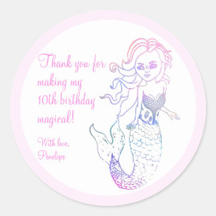 Sticker Rond Mignonne sirène rose Anniversaire Merci de fête Fa
