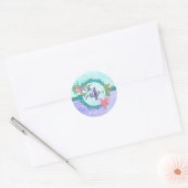 Sticker Rond Mignonne Sirène Turquoise et pourpre Nom Age Anniv (Enveloppe)