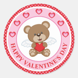 Sticker Rond Mignonne Valentine's Day Ours et coeur avec Polka 