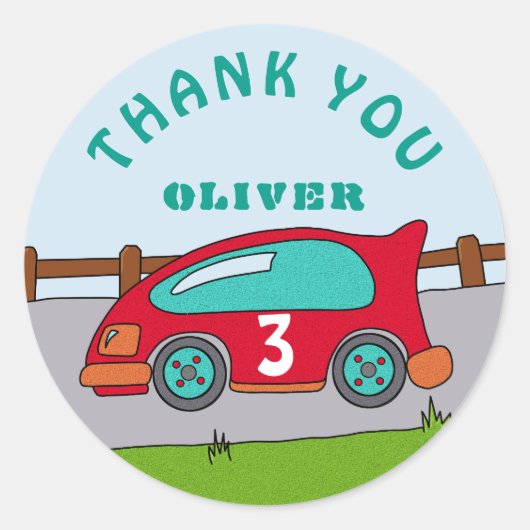 Sticker Rond Mignonne voiture de course Red Boy Nom d'âge Anniv (Devant)