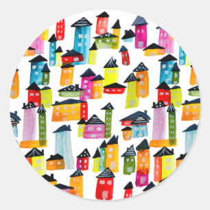 Sticker Rond Mignonnes maisons colorées aquarelle art