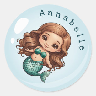 Sticker Rond Mignons Brown cheveux et yeux sirène Personnaliser