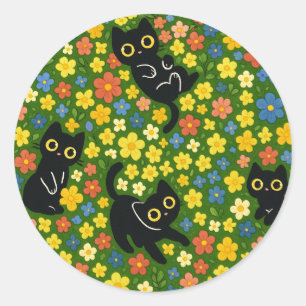 Sticker Rond Mignons Chats Noirs Motif Floral de Prairie