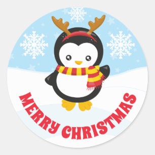 Sticker Rond Mignons enfants manchot avec bois Joyeux Noël