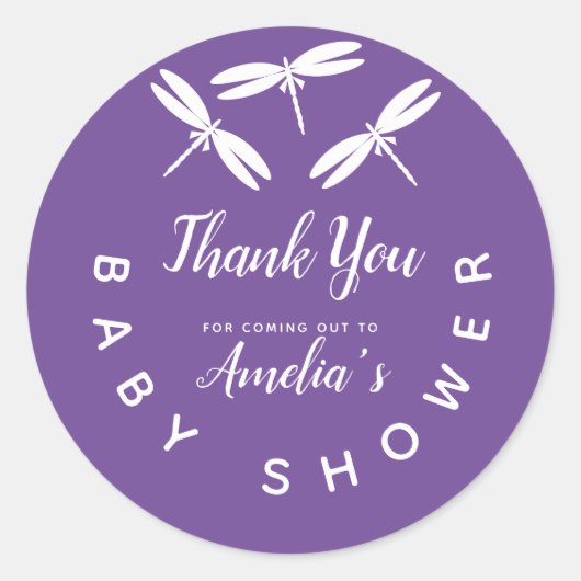 Sticker Rond Mignons libellules violet Baby shower Merci Cla (Devant)