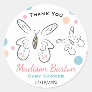 Sticker Rond Mignons papillons et points Baby shower fille