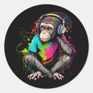 Sticker Rond Mignons Singe Écouter Musique, Musique Singe Obséd