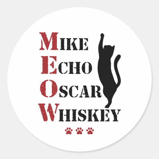Sticker Rond Mike Echo Oscar Whiskey MEOW Cat (Devant)