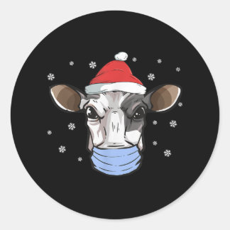 Sticker Rond Milk Cow Santa Face Mask Dairy Christmas