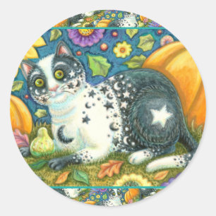 STICKER ROND MILKYWAY, UN CHAT MYSTIQUE HALLOWEEN, LUNE & ÉTOIL
