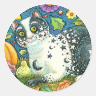 STICKER ROND MILKYWAY, UN CHAT MYSTIQUE HALLOWEEN, LUNE & ÉTOIL