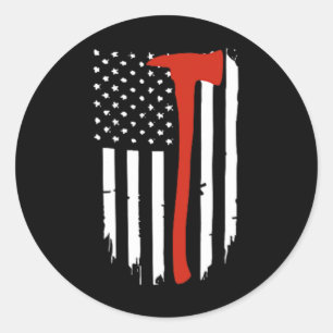 Sticker Rond Mince Red Line Ax American Flag Patriot Pompier