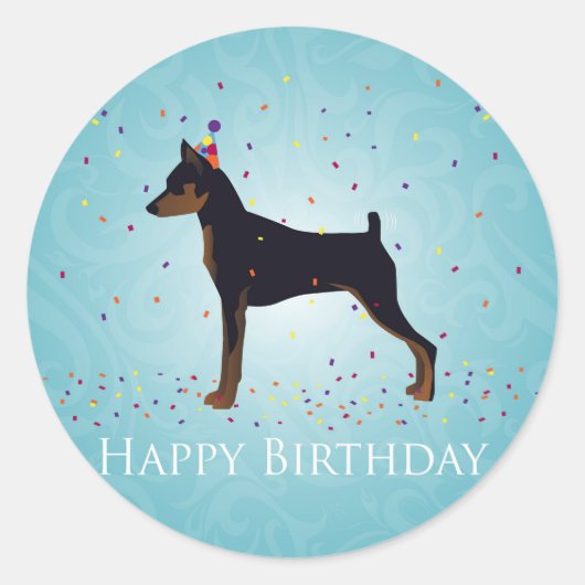 Sticker Rond Miniature Pinscher Joyeux Design d'anniversaire (Devant)