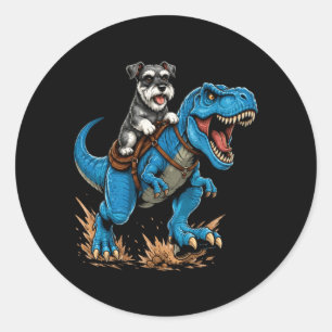 Sticker Rond Miniature Schnauzer à cheval sur T Rex Dinosaure D