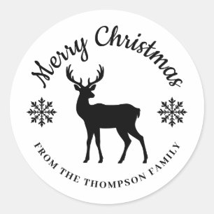 Sticker Rond Minimal Cerf Noir et Flocons Joyeux Noël