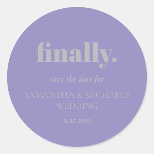 Sticker Rond Minimal Design Lavender Silver  Finally Save Date (Devant)