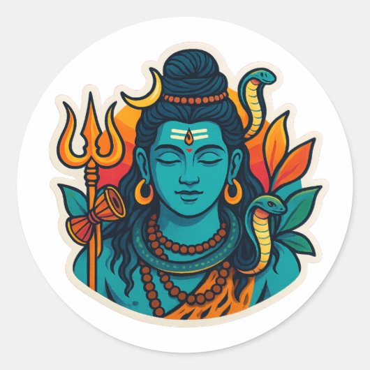 Sticker Rond Minimal Lord Shiva Illustration – Trishul, Damru (Devant)