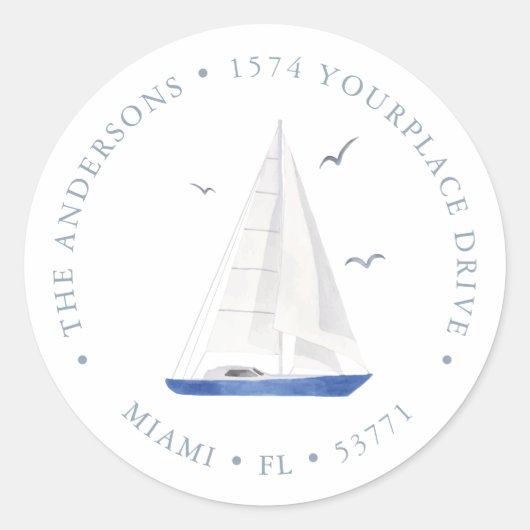 Sticker Rond Minimal Nautical Voilier Marine Adresse bleue (Devant)