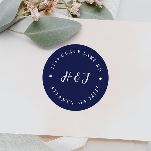 Sticker Rond Minimal Navy Blue Initials Mariage Adresse de reto