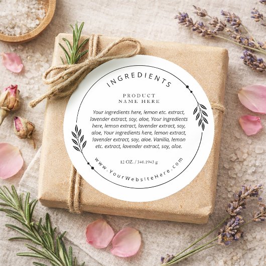 Sticker Rond Minimal Olive Branch Wreath Ingredients Label
