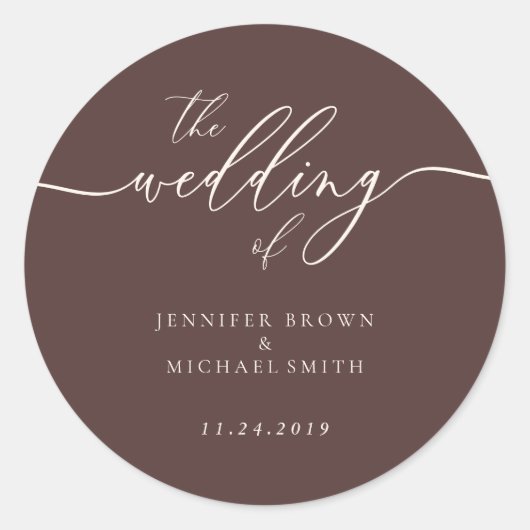 Sticker Rond Minimal Script Chocolate Brown Wedding (Devant)