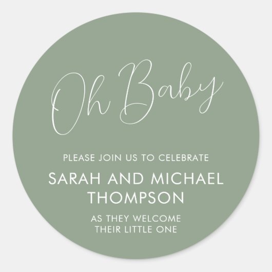 Sticker Rond Minimal Script Sage Green Oh Baby (Devant)
