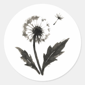 Sticker Rond Minimalist Dandelion – Ink Brush Nature Design on 