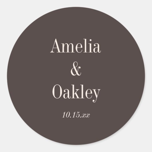 Sticker Rond Minimalist Earthy Brown Elegant Wedding Custom (Devant)