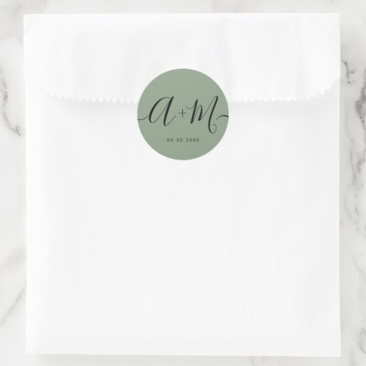 Sticker Rond Minimalist Monogram Script Custom green Wedding (Sac)