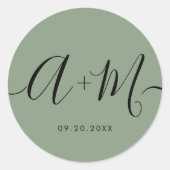 Sticker Rond Minimalist Monogram Script Custom green Wedding (Devant)