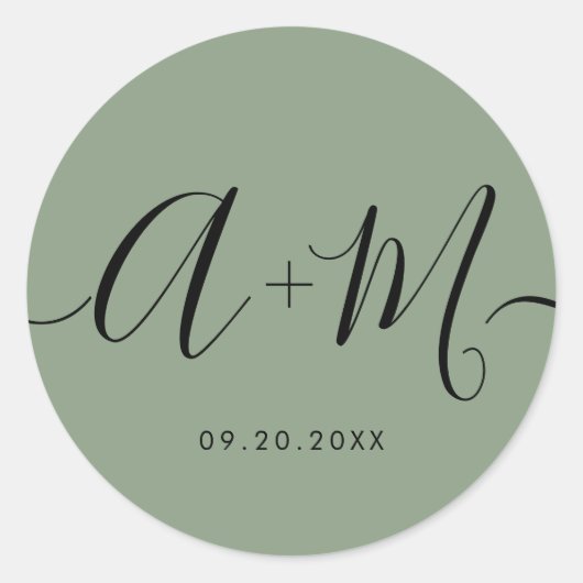 Sticker Rond Minimalist Monogram Script Custom green Wedding (Devant)