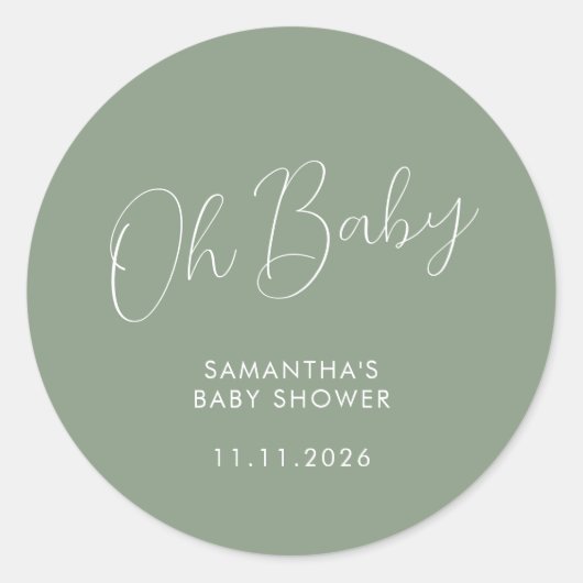 Sticker Rond Minimalist Script Sage Green Oh Baby (Devant)