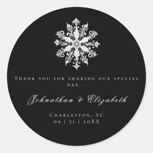 Sticker Rond Minimalist Snowflake Wedding | Black Favor (Devant)