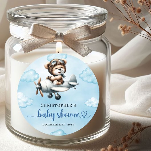 Sticker Rond Minimalist Teddy Bear Pilot Airplane Blue Brown