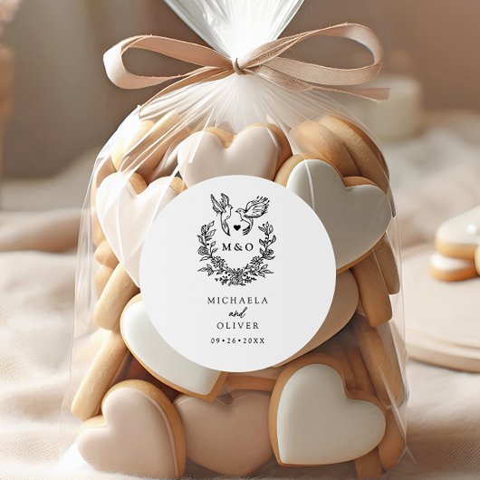 Sticker Rond Minimaliste Doves Botaniques Élégant Mariage Scrip