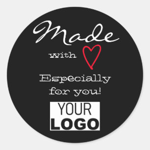 Sticker Rond Minimaliste fait avec amour Rouge Coeur Logo Noir