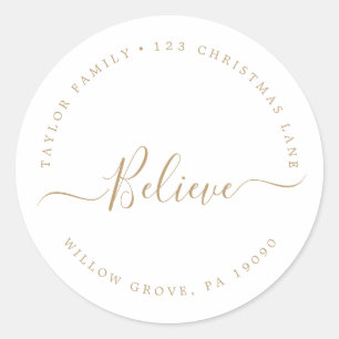 Sticker Rond Minimaliste Gold Believe Holiday Adresse circulair