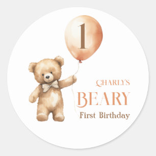 Sticker Rond Minimaliste Petite Ours Beige Beary 1er anniversai