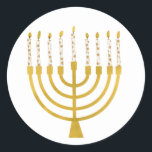 Sticker Rond Minorah festive Hanoukka Céleste bougies dessin<br><div class="desc">Faux bougies menorah en feuille d'or pour votre fête Hanoukka. Illustration de la menorah lunaire avec des étoiles blanches recouvertes de bougies célestes sur un socle de bougies menorah en faux or. Menorah starry Hanoukka illustrés cadeaux de conception et produits en papier.</div>