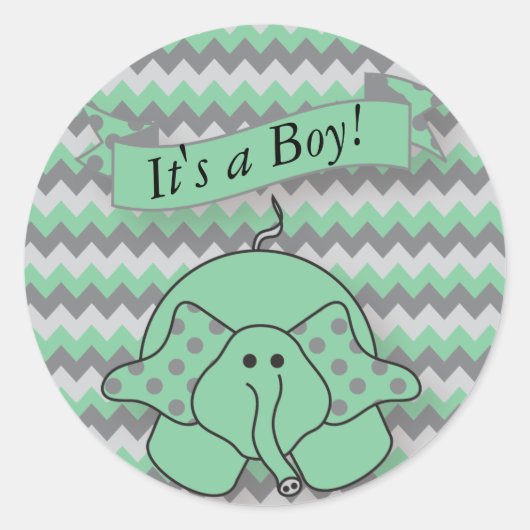 Sticker Rond Mint Green et Grey Chevron Baby Elephant (Devant)