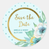 Sticker Rond Mint Polka Dot Faux Gold Floral Enregistrer la dat (Devant)