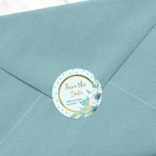 Sticker Rond Mint Polka Dot Faux Gold Floral Enregistrer la dat
