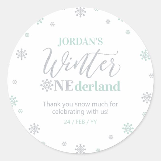 Sticker Rond Mint Silver Winter onderland Merci neige beaucoup (Devant)