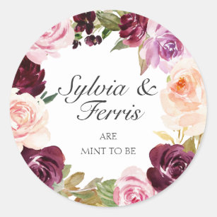Sticker Rond Mint to Be Moody Plum Aquarelle Florale Mariage