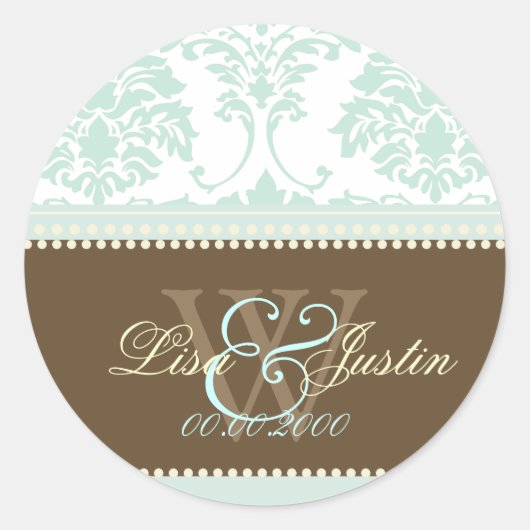 Sticker Rond Mint vert Damask monogramme mariage/do-it-yourself (Devant)