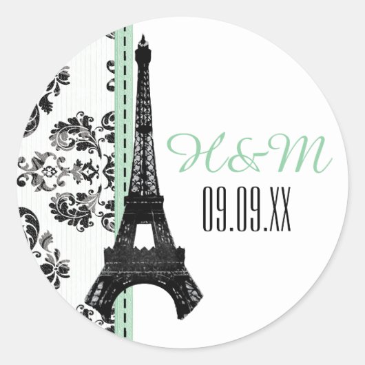 Sticker Rond MINT VERT Monogramme Damask Tour Eiffel Mariage (Devant)