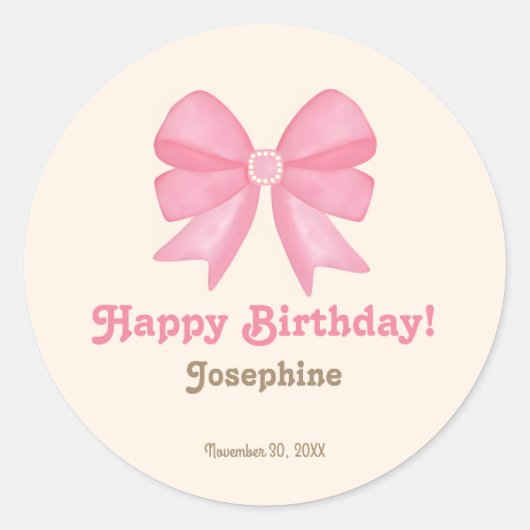 Sticker Rond Minuscule Bow rose mou Joyeux anniversaire (Devant)